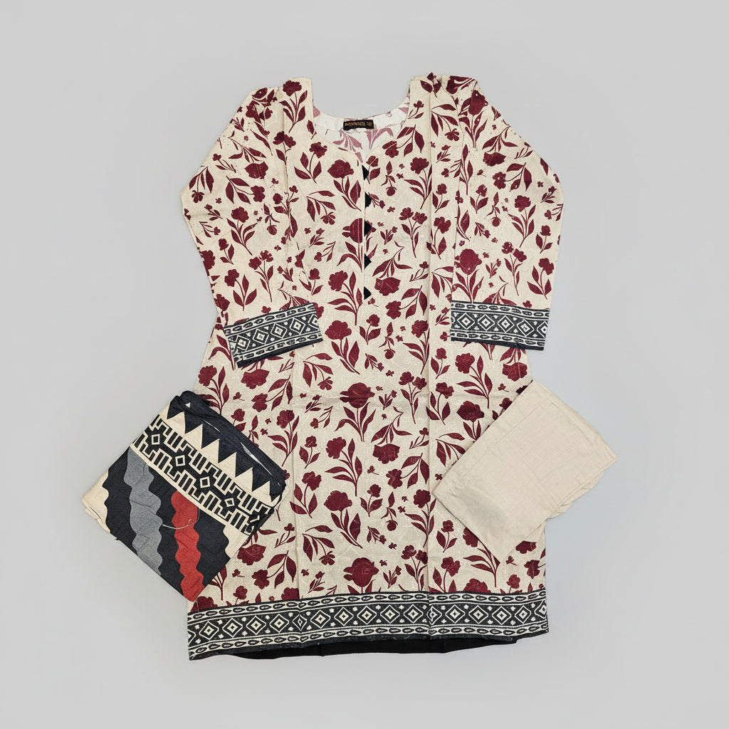 Cream & Maroon Floral Linen Viscose Suit | Chikan Embroidery Shalwar Kameez | Sizes Up to 8XL