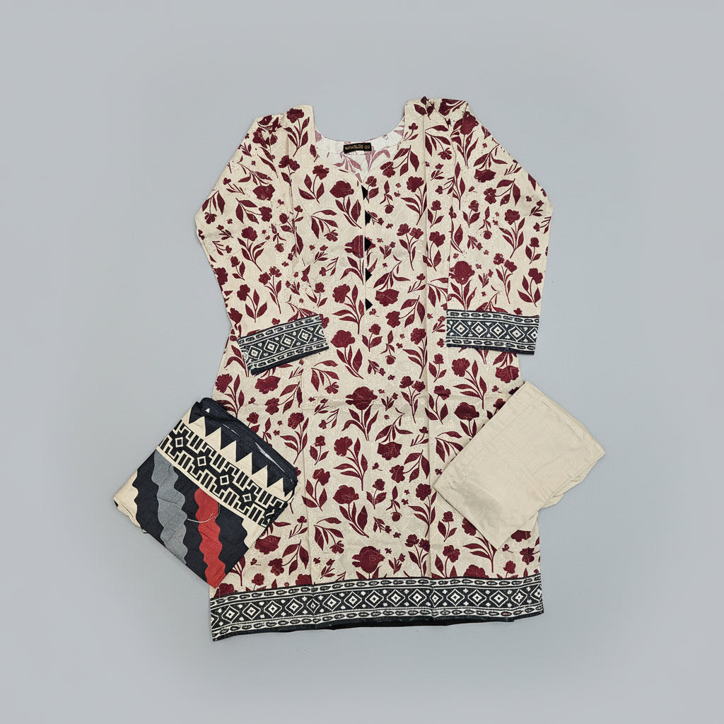 Cream & Maroon Floral Linen Viscose Suit | Chikan Embroidery Shalwar Kameez | Sizes Up to 8XL