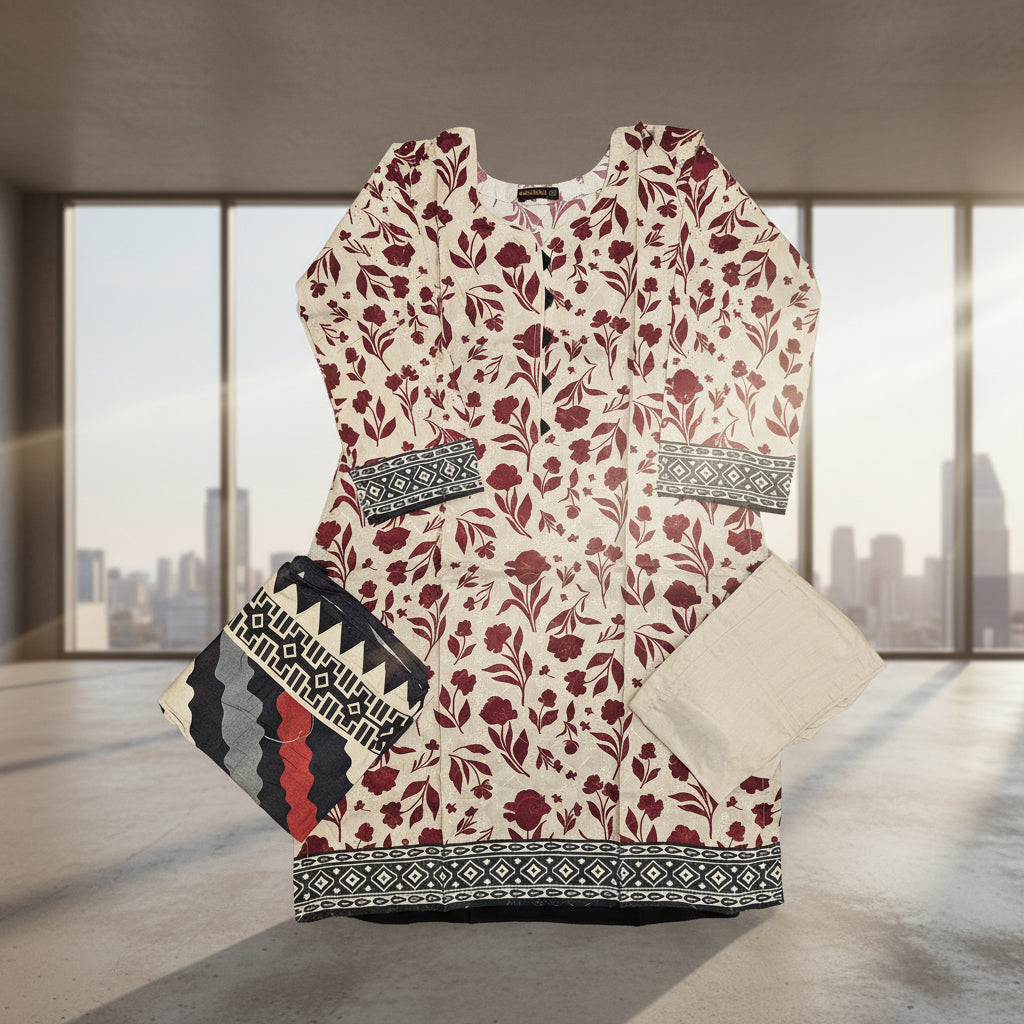 Cream & Maroon Floral Linen Viscose Suit | Chikan Embroidery Shalwar Kameez | Sizes Up to 8XL