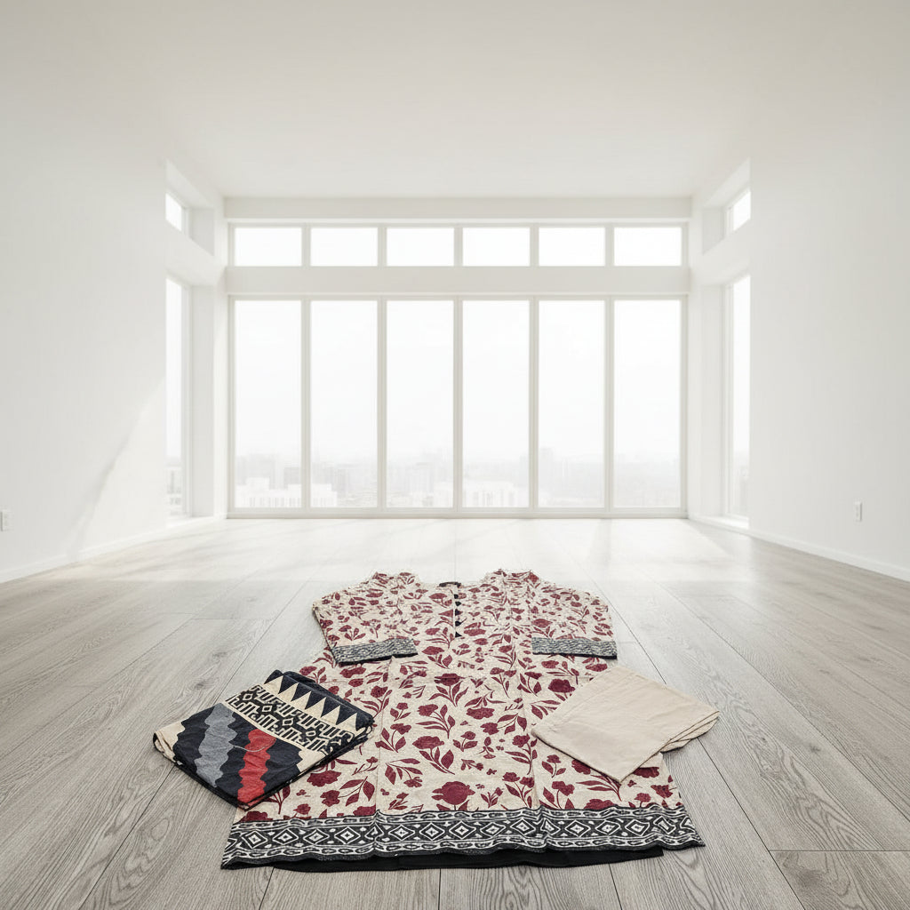 Cream & Maroon Floral Linen Viscose Suit | Chikan Embroidery Shalwar Kameez | Sizes Up to 8XL