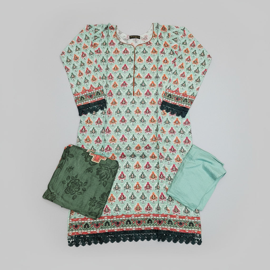 Sea Green & Mint Linen Viscose Suit | Orange Pink Symmetrical Print | Chikan Embroidery | Sizes Up to 8XL