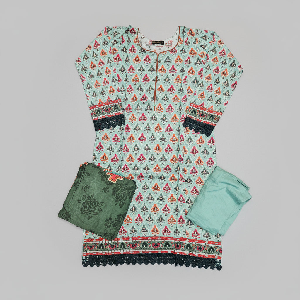Sea Green & Mint Linen Viscose Suit | Orange Pink Symmetrical Print | Chikan Embroidery | Sizes Up to 8XL