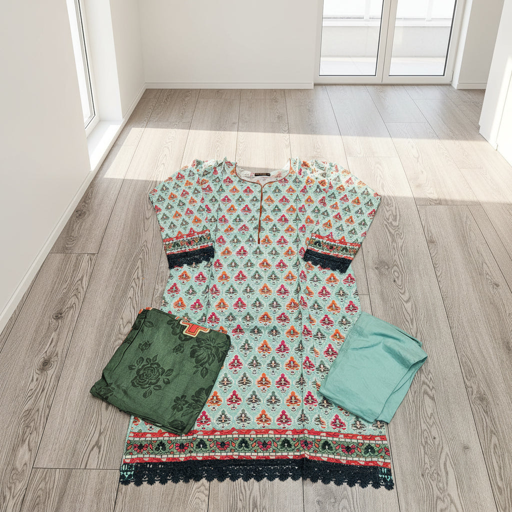 Sea Green & Mint Linen Viscose Suit | Orange Pink Symmetrical Print | Chikan Embroidery | Sizes Up to 8XL