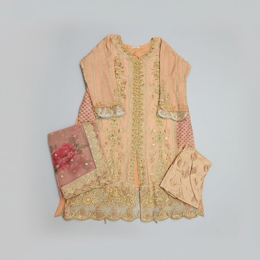 peach pink colour embroidered kameez dupatta and trousers