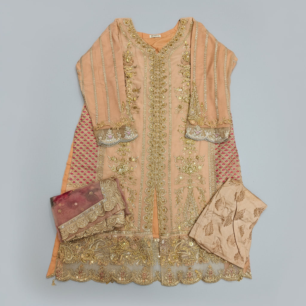 peach pink colour embroidered kameez dupatta and trousers