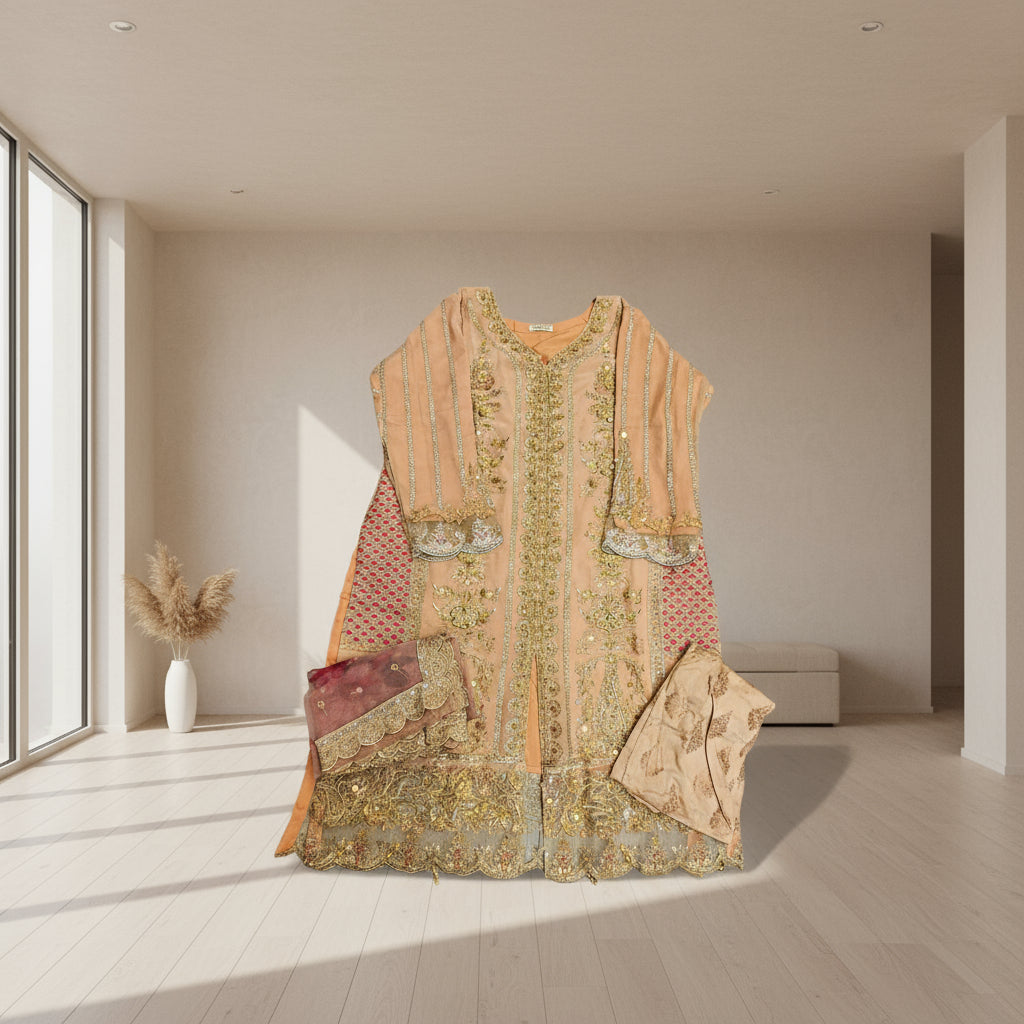 CHRZ Nude Peach Hand Embellished Chiffon Kameez | Embroidered Dupatta & Trousers | Front Split Design
