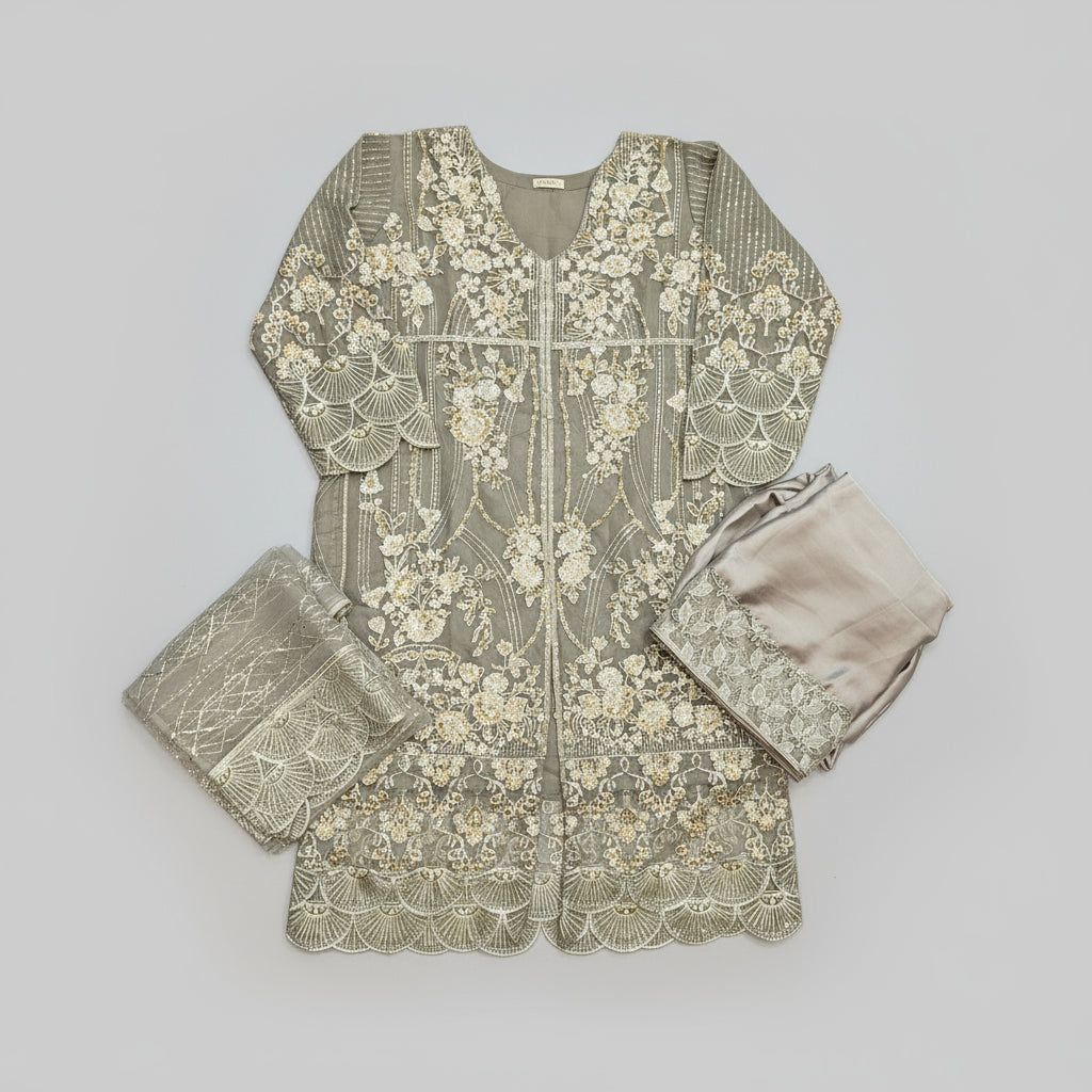 grey embroidered kameez with dupatta and sharara