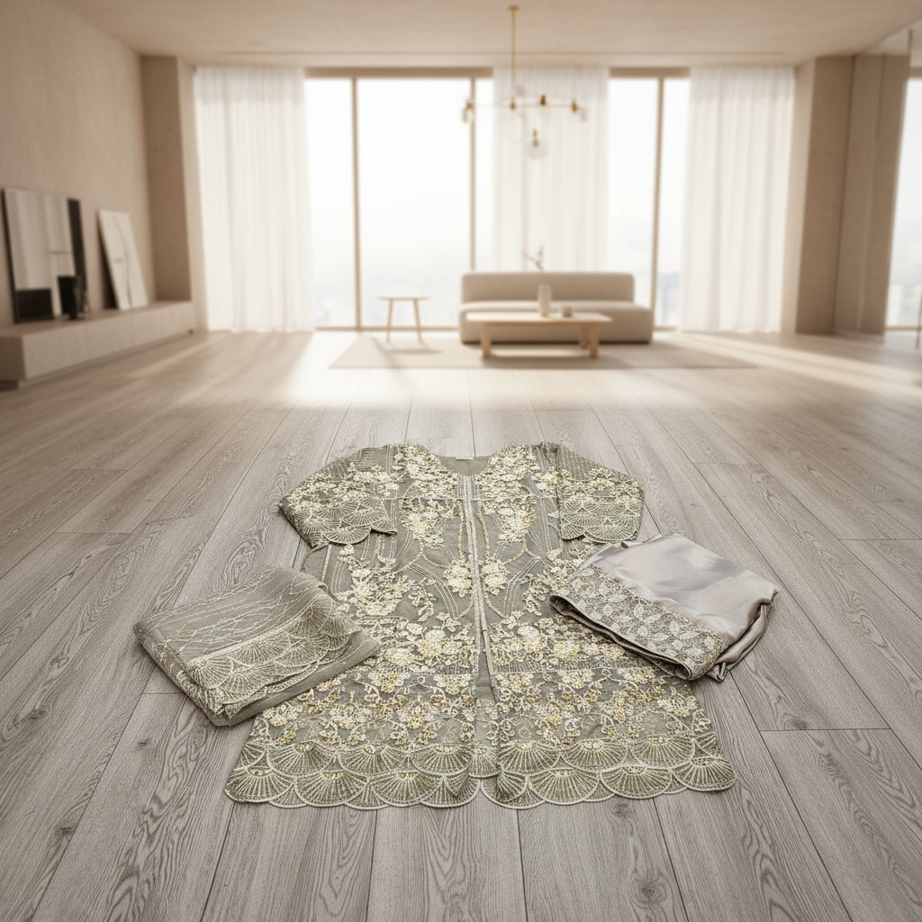 grey embroidered kameez with dupatta and sharara