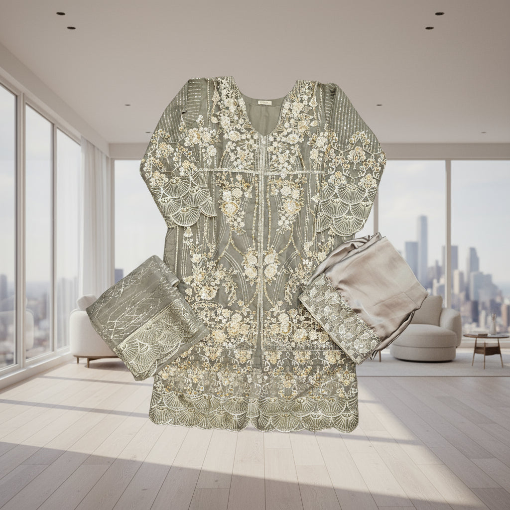 grey embroidered kameez with dupatta and sharara