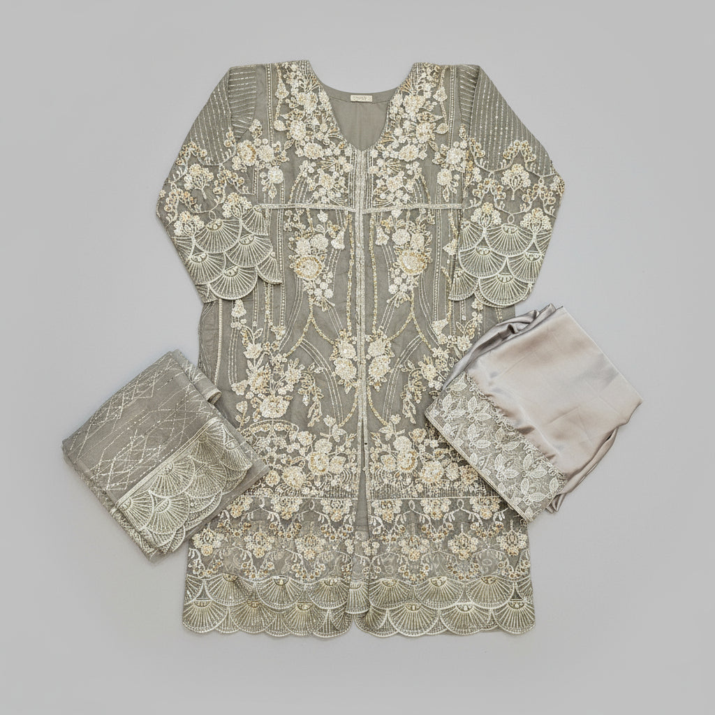 grey embroidered kameez with dupatta and sharara