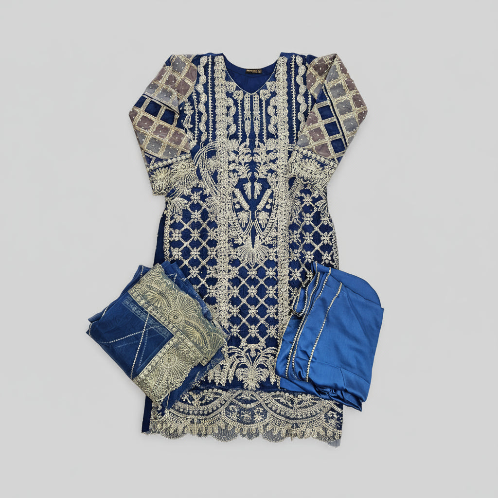 embroidered navy blue colour kameez with sharara and dupatta in chiffon fabric with embroidery on 4 sides