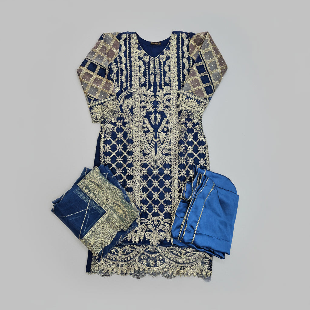 embroidered navy blue colour kameez with sharara and dupatta in chiffon fabric with embroidery on 4 sides