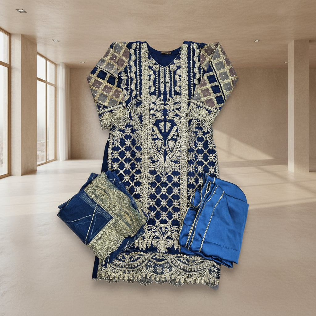 embroidered navy blue colour kameez with sharara and dupatta in chiffon fabric with embroidery on 4 sides