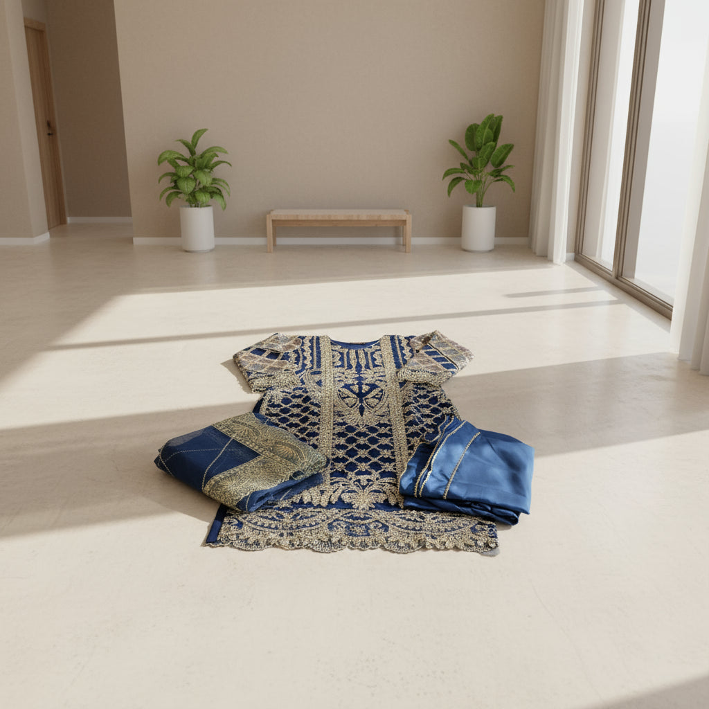 Navy Blue Stone Work Kameez | Silk Sharara & Chiffon Dupatta | 4-Side Embroidered | Sizes Up to 8XL

