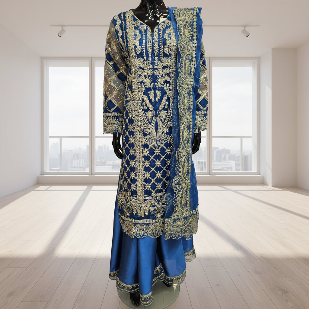 Navy Blue Stone Work Kameez | Silk Sharara & Chiffon Dupatta | 4-Side Embroidered | Sizes Up to 8XL

