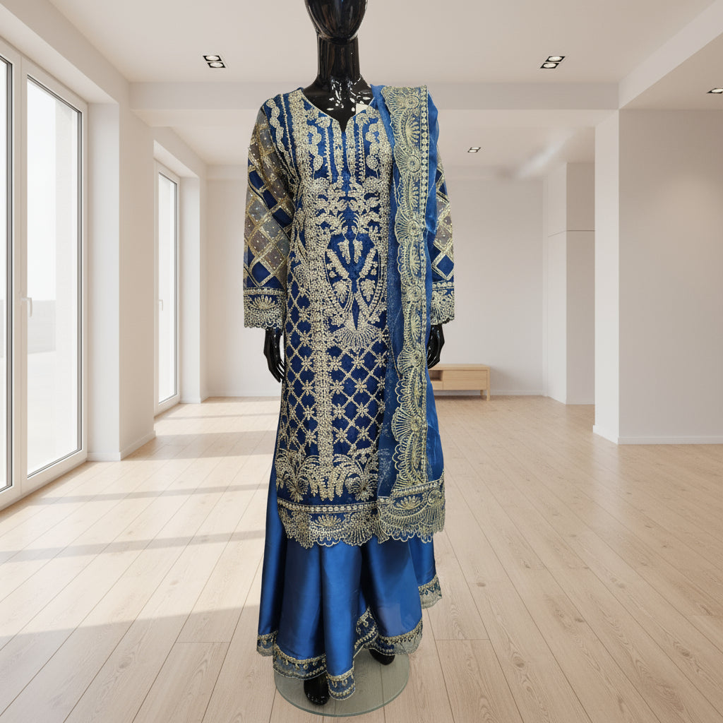 Navy Blue Stone Work Kameez | Silk Sharara & Chiffon Dupatta | 4-Side Embroidered | Sizes Up to 8XL

