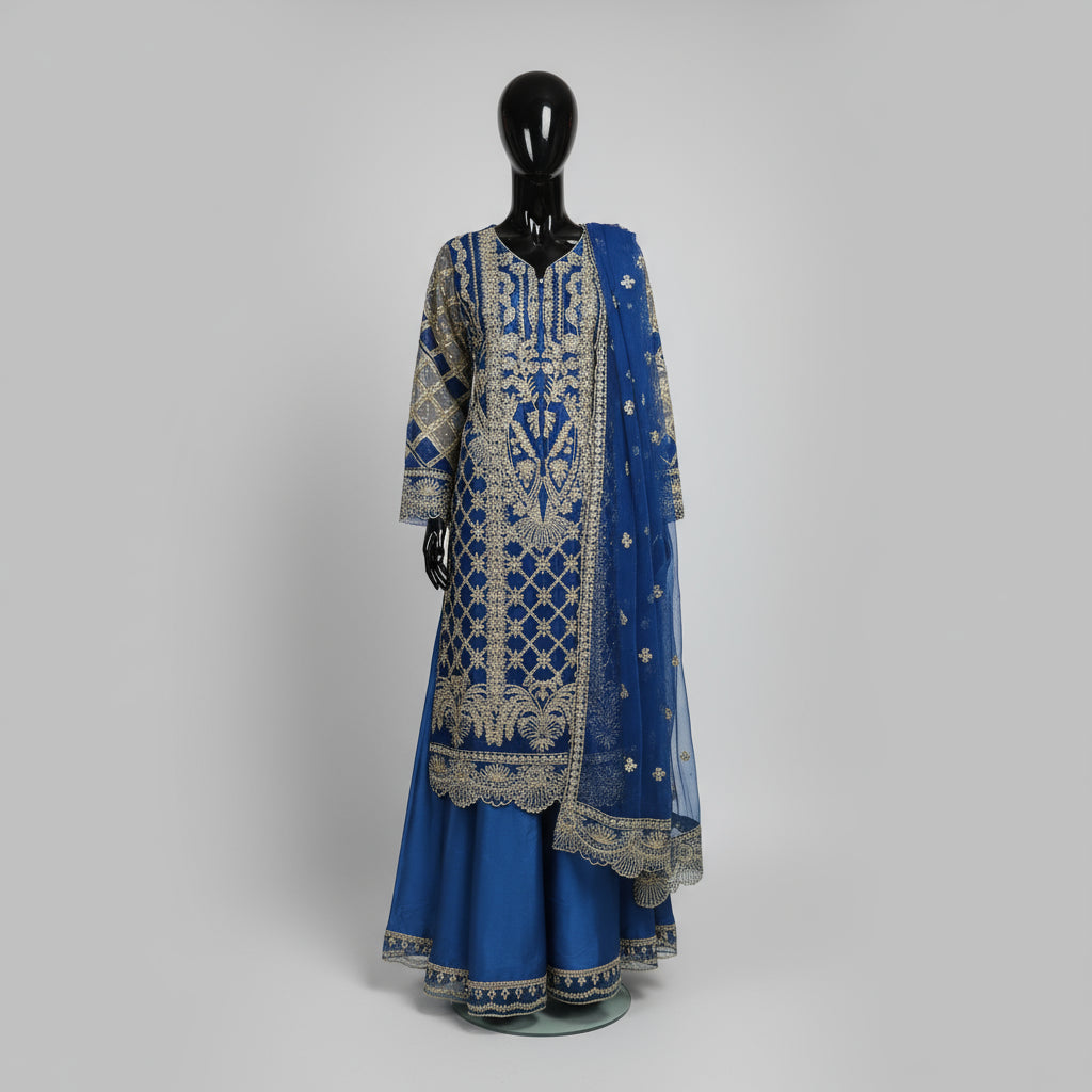 Navy Blue Stone Work Kameez | Silk Sharara & Chiffon Dupatta | 4-Side Embroidered | Sizes Up to 8XL

