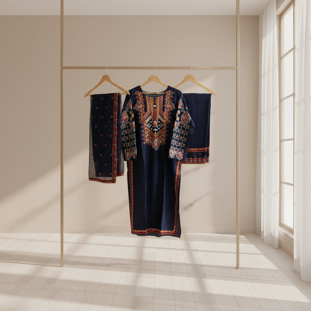 Decorative navy blue fabric with orange and white patterns on a hanger against a patterned wall.