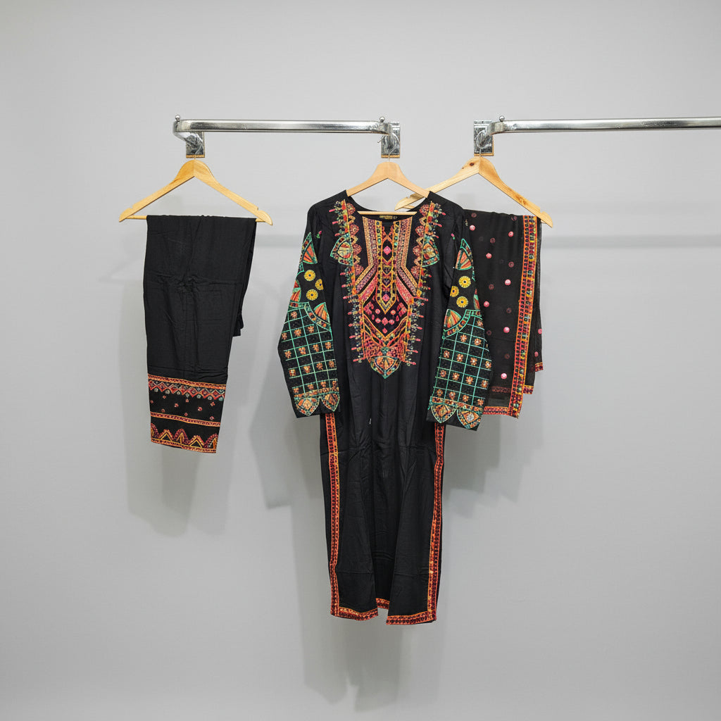 balck embroidered kameez with dupatta and trousers