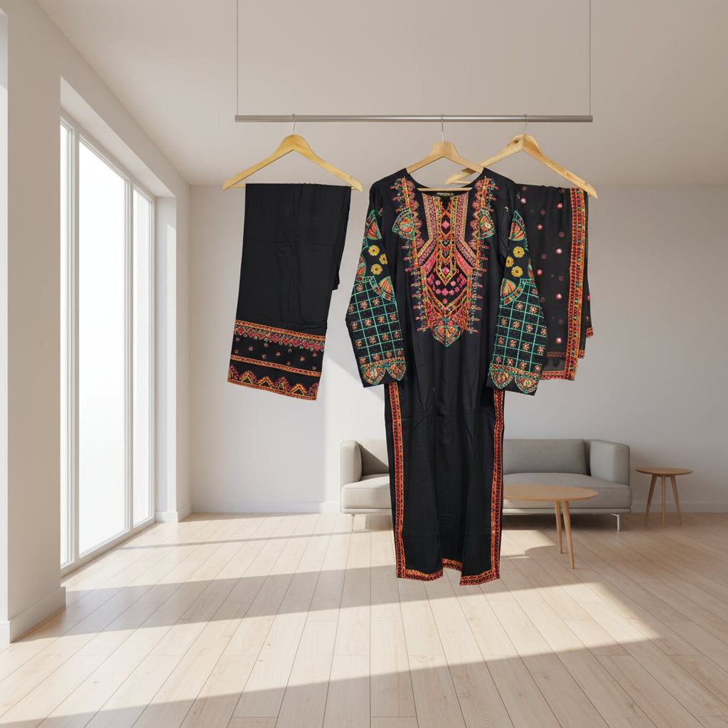 balck embroidered kameez with dupatta and trousers
