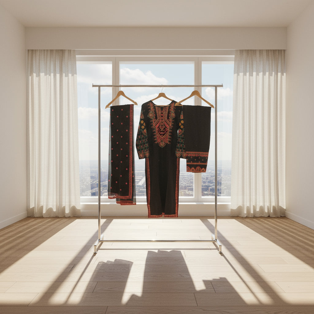 balck embroidered kameez with dupatta and trousers