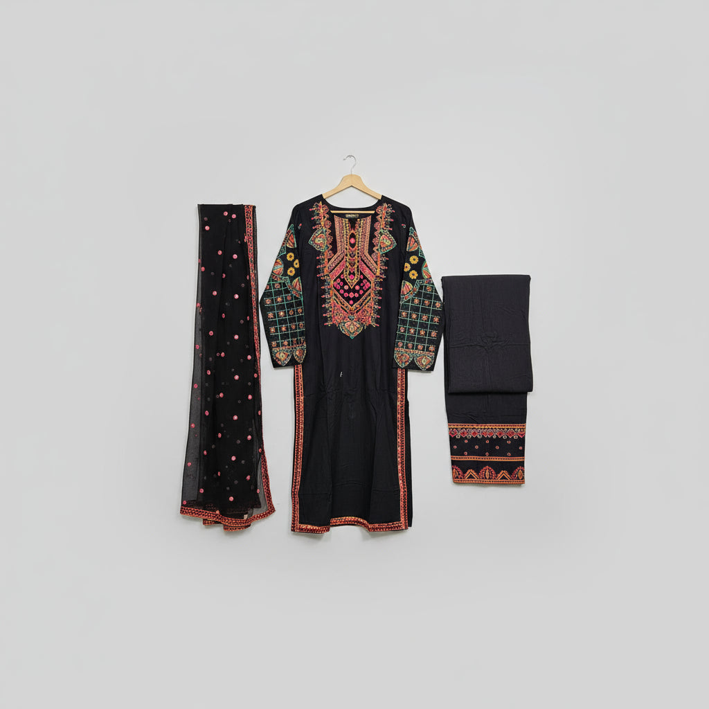 balck embroidered kameez with dupatta and trousers