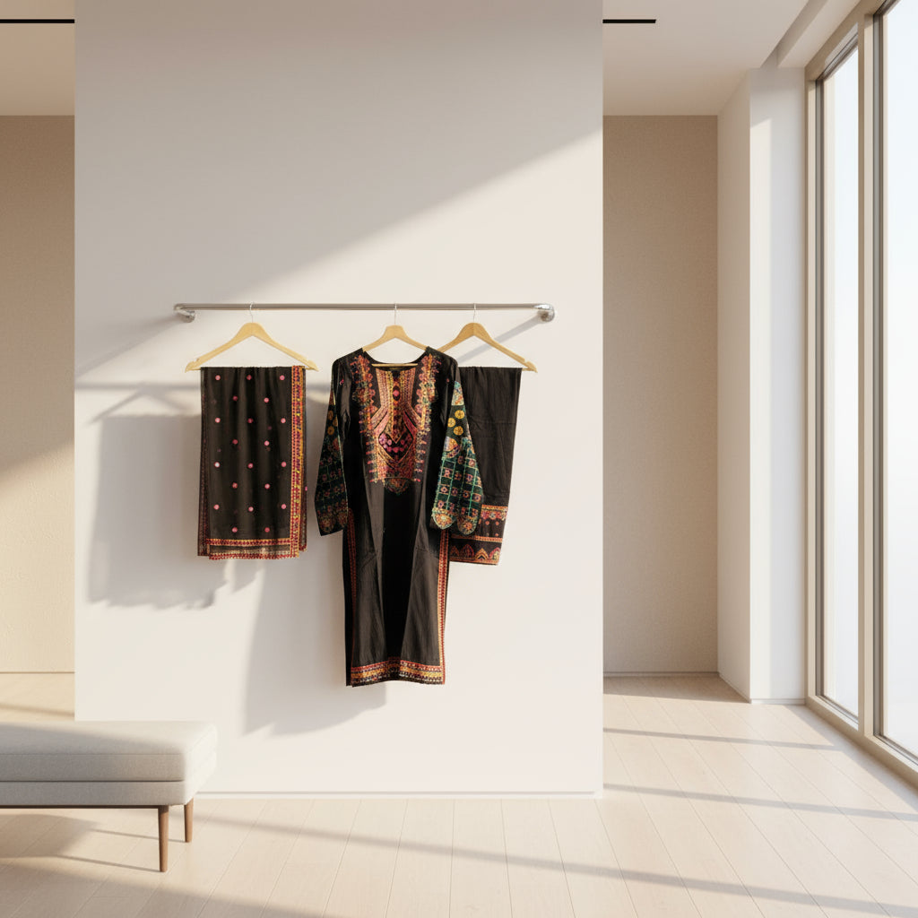 balck embroidered kameez with dupatta and trousers