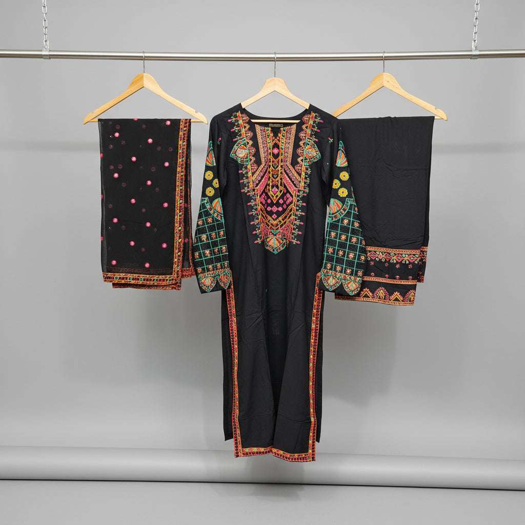 balck embroidered kameez with dupatta and trousers