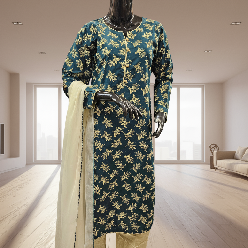 teal blue colour printed kameez with trouser and dupatta