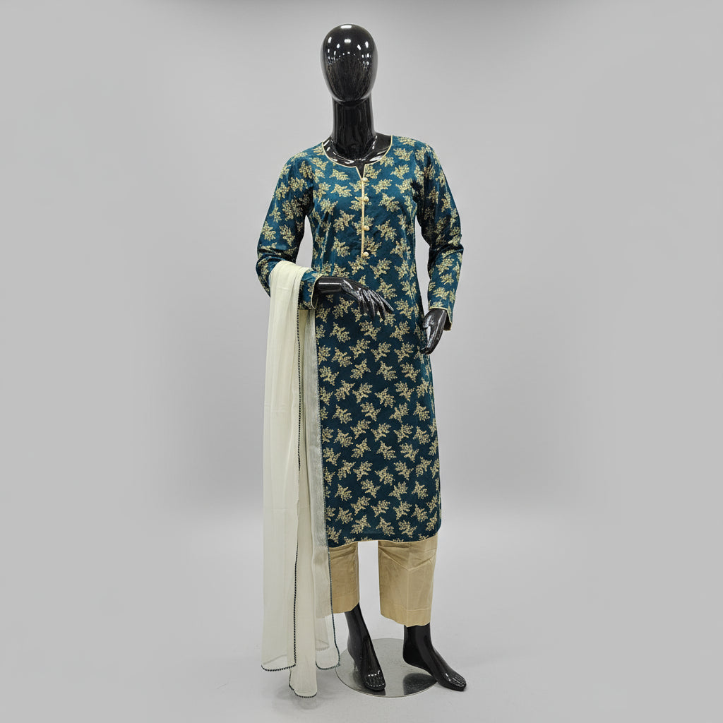 teal blue colour printed kameez with trouser and dupatta