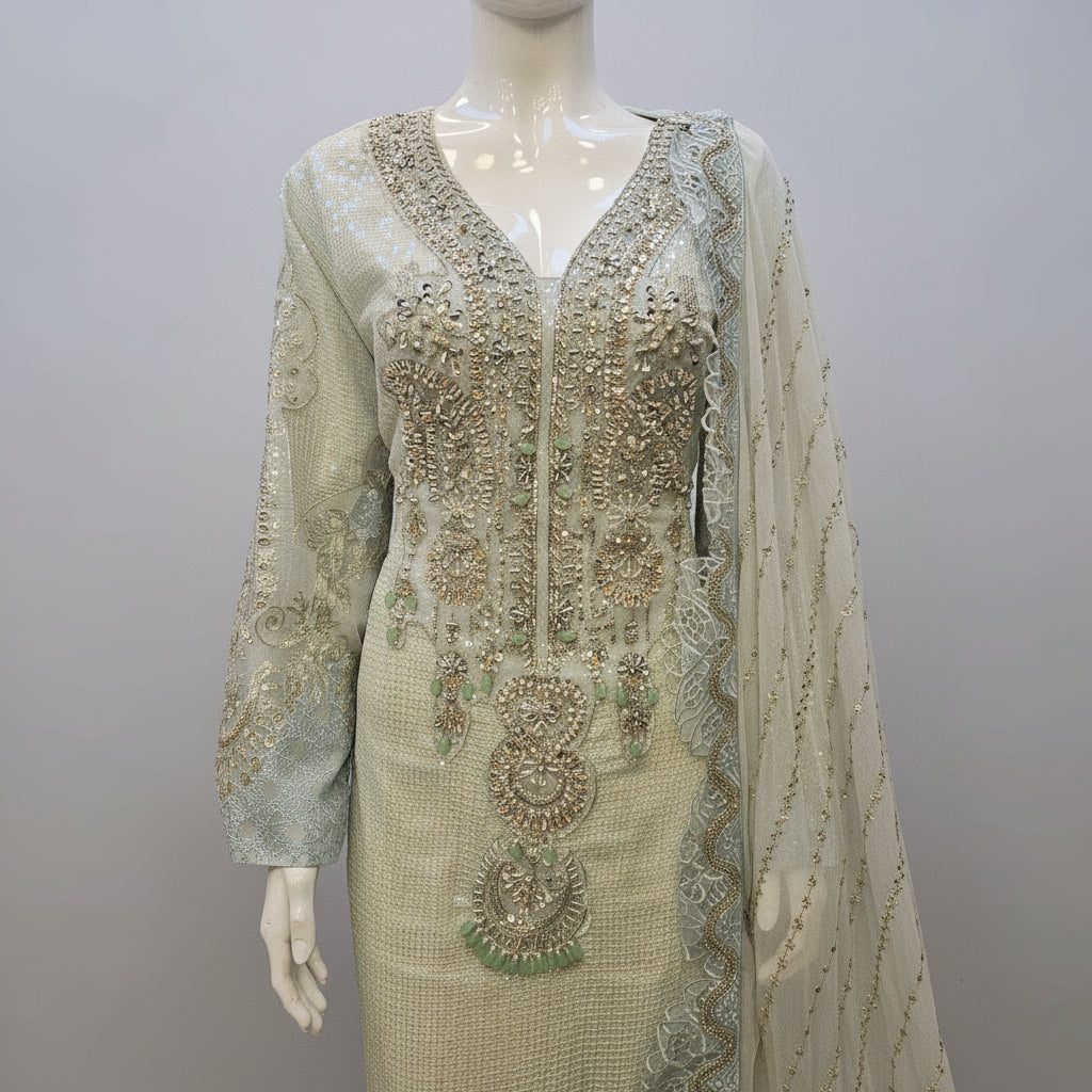 MB Pastel Blue Hand Embroidered Kameez | All-Over Embroidery | Sizes Up to 8XL