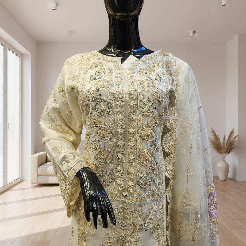Jasmine Elegance | Off-White Organza Embroidered Shalwar Kameez with Palazzo & Dupatta | Sizes S-7XL