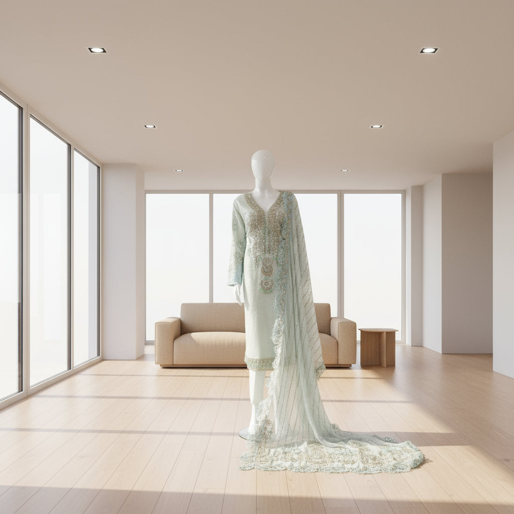 MB Pastel Blue Hand Embroidered Kameez | All-Over Embroidery | Sizes Up to 8XL