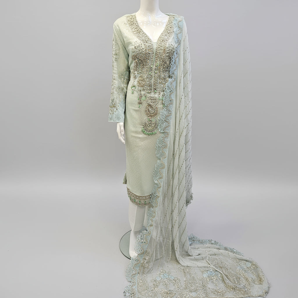 MB Pastel Blue Hand Embroidered Kameez | All-Over Embroidery | Sizes Up to 8XL