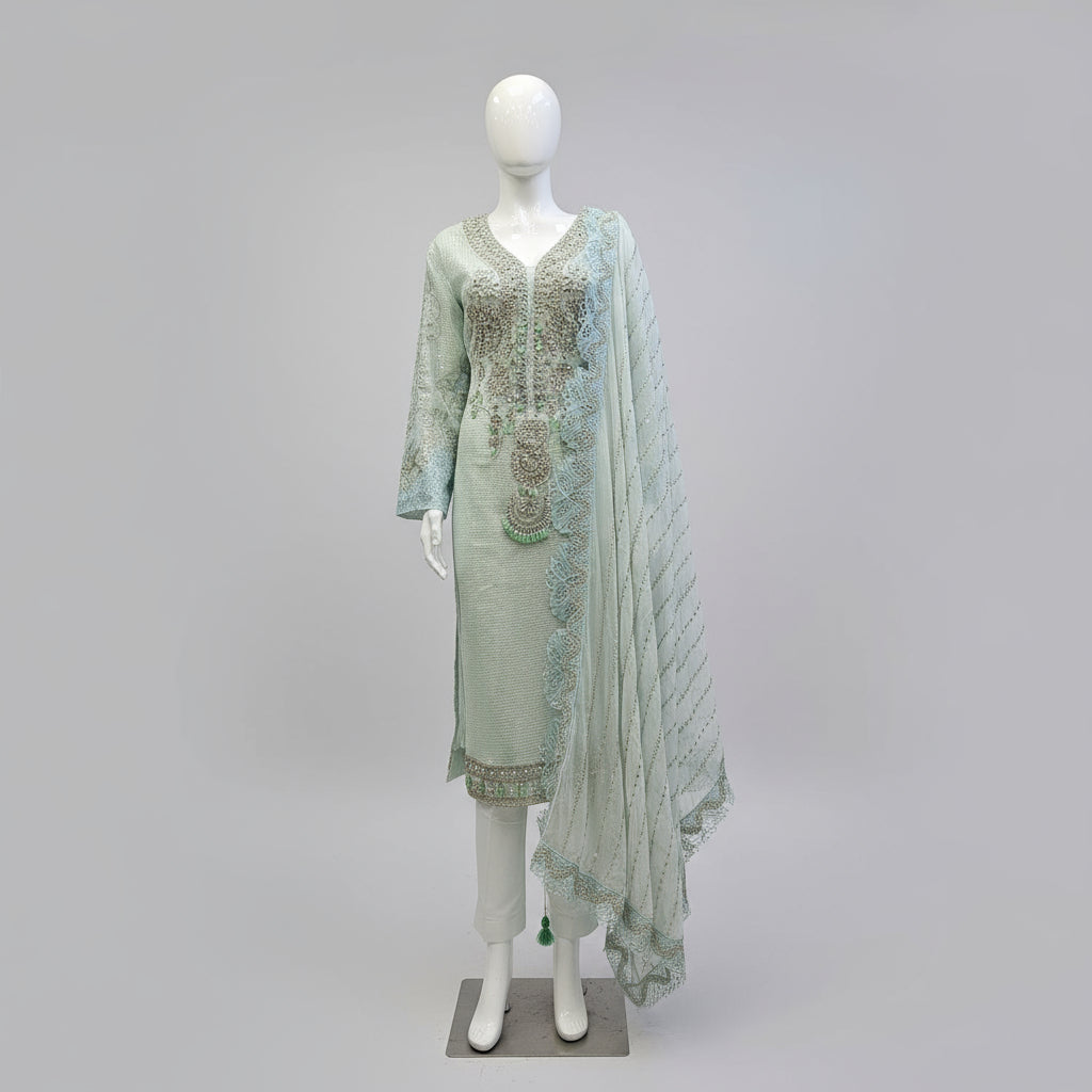 MB Pastel Blue Hand Embroidered Kameez | All-Over Embroidery | Sizes Up to 8XL