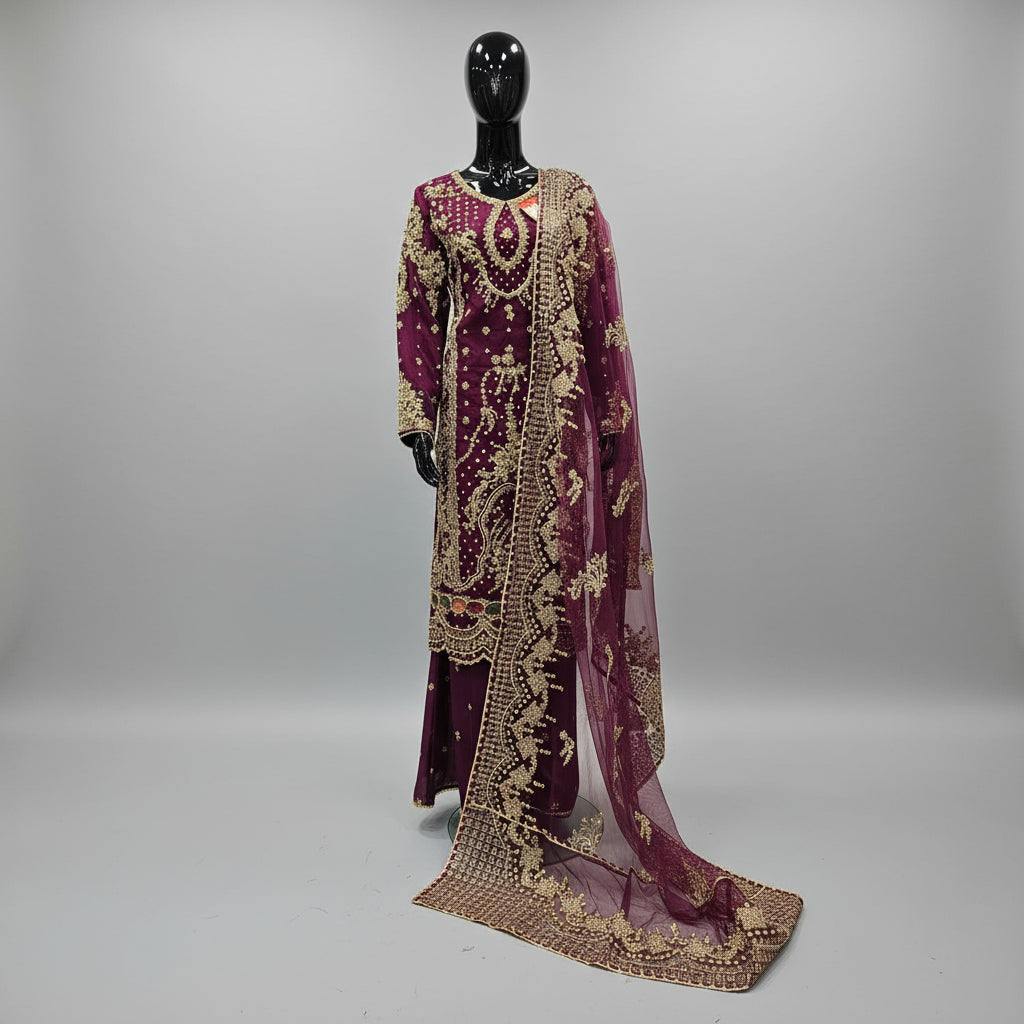 plum colour kameez with sharara and embroidered dupatta