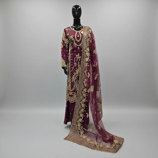 plum colour kameez with sharara and embroidered dupatta