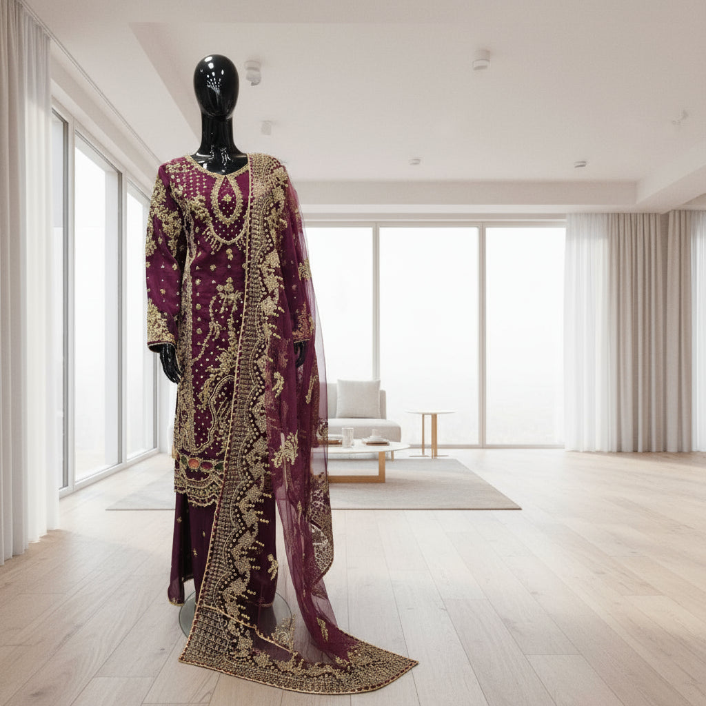 plum colour kameez with sharara and embroidered dupatta