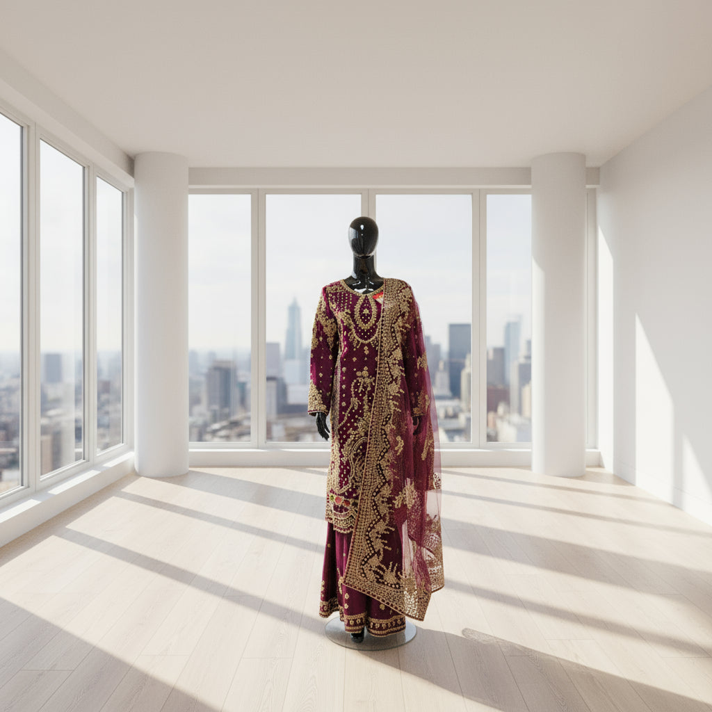 plum colour kameez with sharara and embroidered dupatta