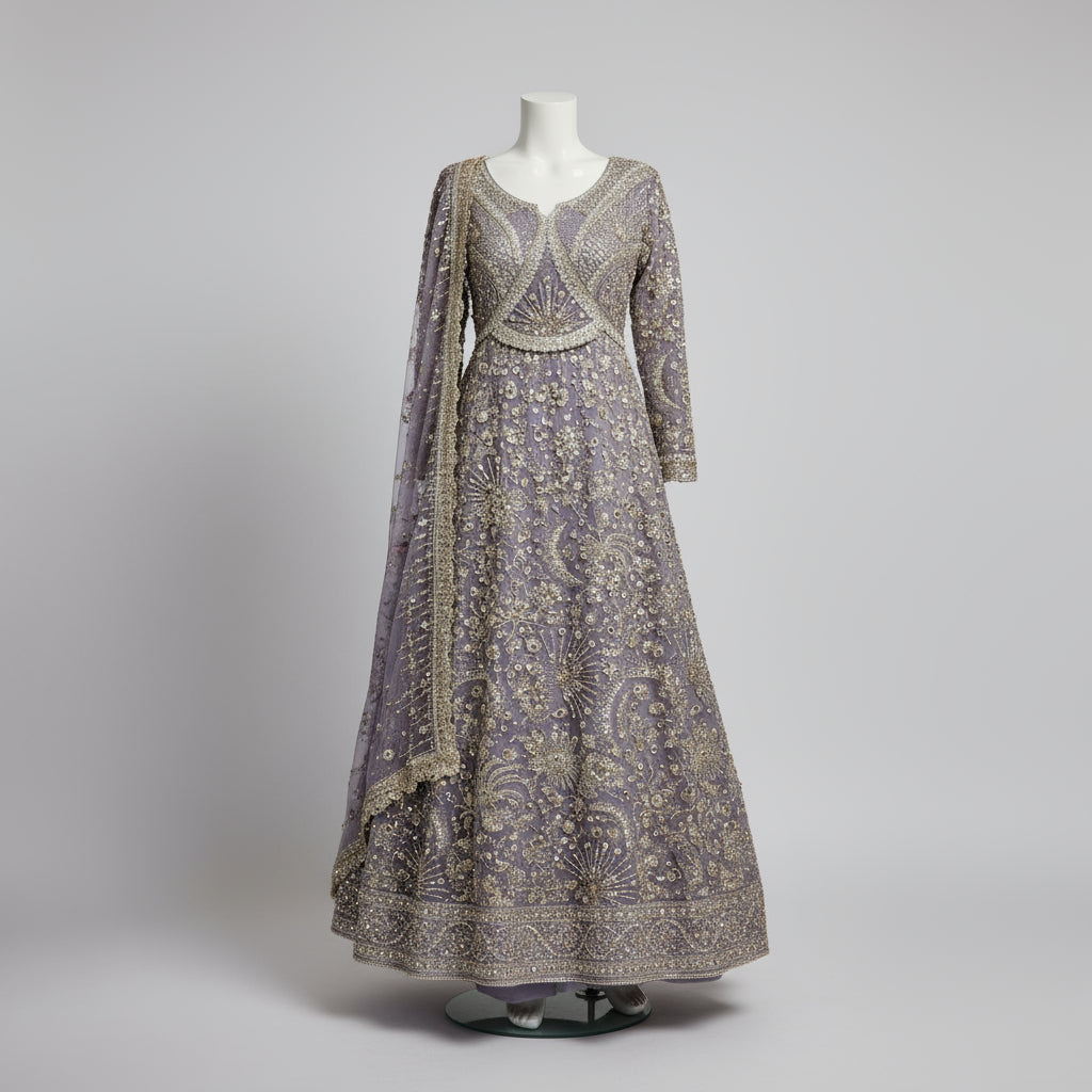 JZM Iris Lilac Whisper | Hand Embroidered Chiffon Long Dress with Embroidered Dupatta