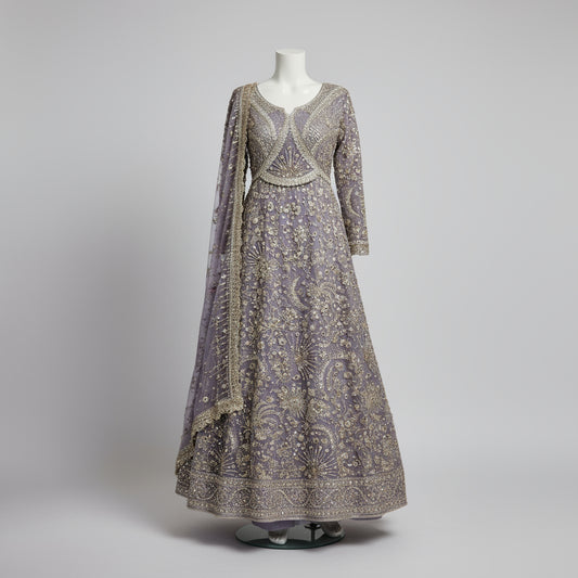 JZM Iris Lilac Whisper | Hand Embroidered Chiffon Long Dress with Embroidered Dupatta