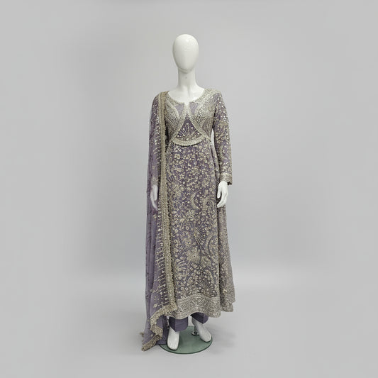 Title: JZM Lilac Whisper | Hand Embroidered Chiffon Long Dress with Embroidered Dupatta

