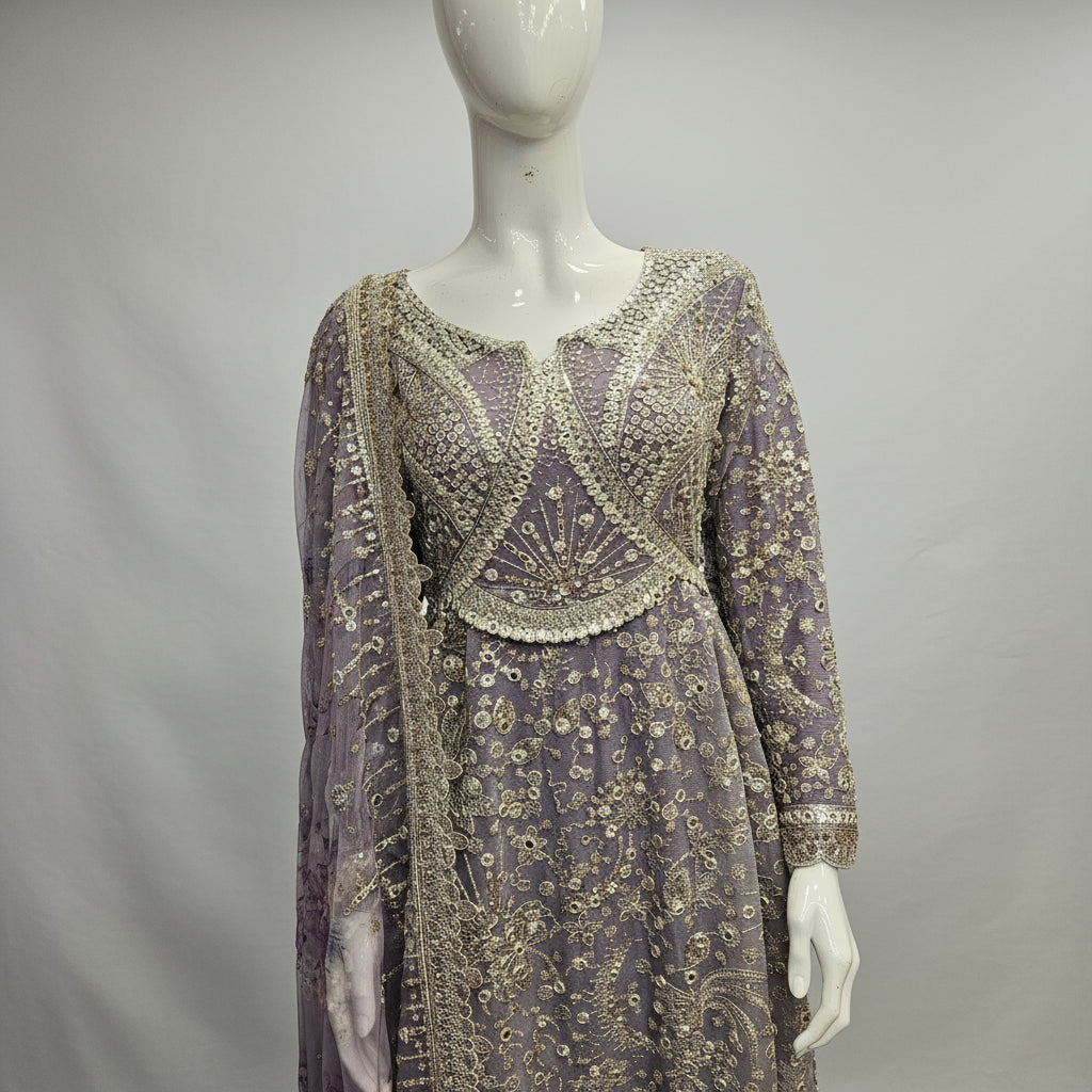 Title: JZM Lilac Whisper | Hand Embroidered Chiffon Long Dress with Embroidered Dupatta

