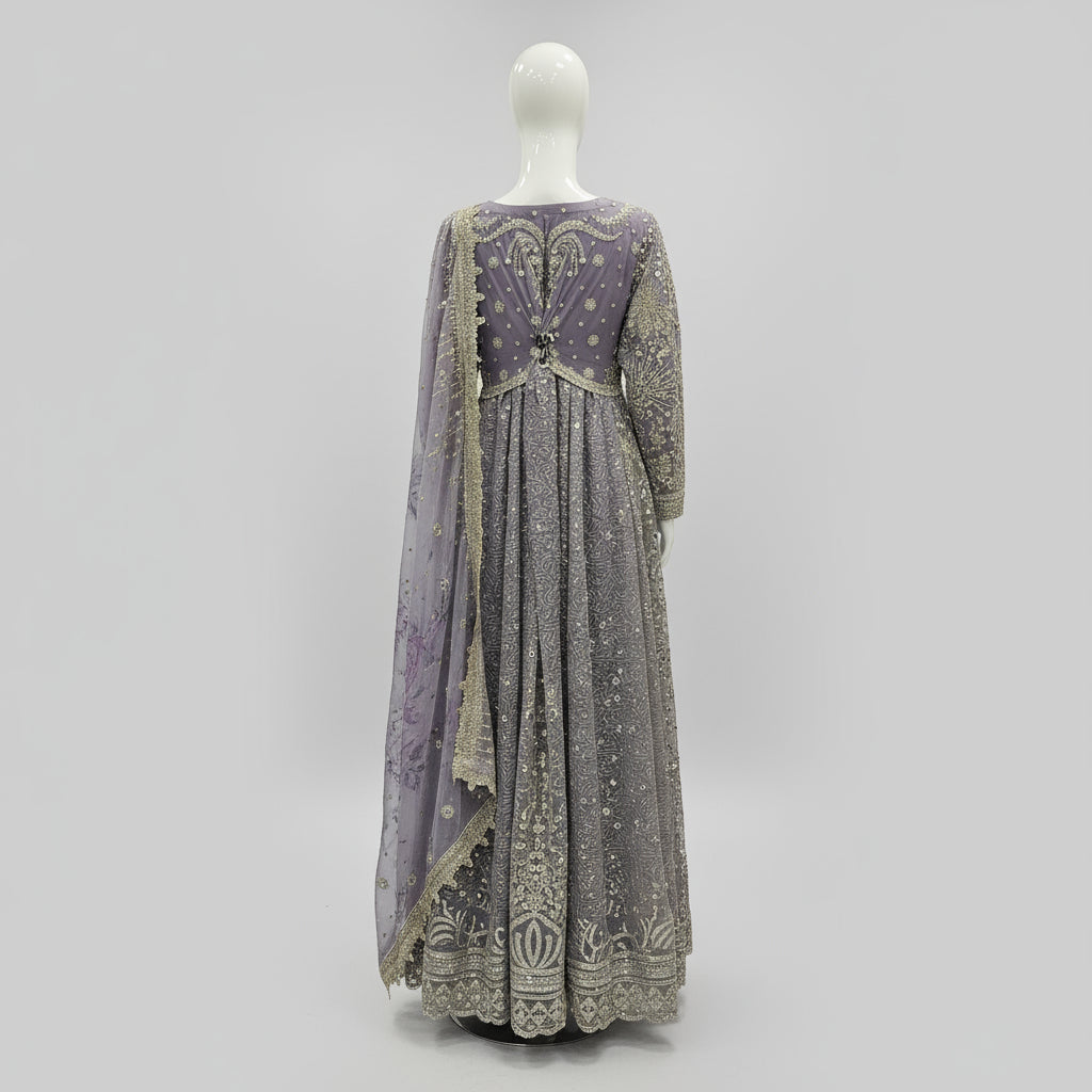 JZM Iris Lilac Whisper | Hand Embroidered Chiffon Long Dress with Embroidered Dupatta