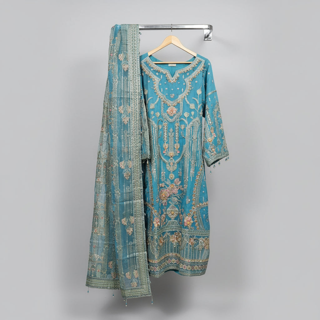 teal blue embroidered kameez with embroidery on front with embroidered dupatta and embroidered sharara bottoms, can you make a model wear this outfit, so its looks like a professional photography picture, with nice background, can you generate above picture in square 1:1, can keep the image size optimal for website online store