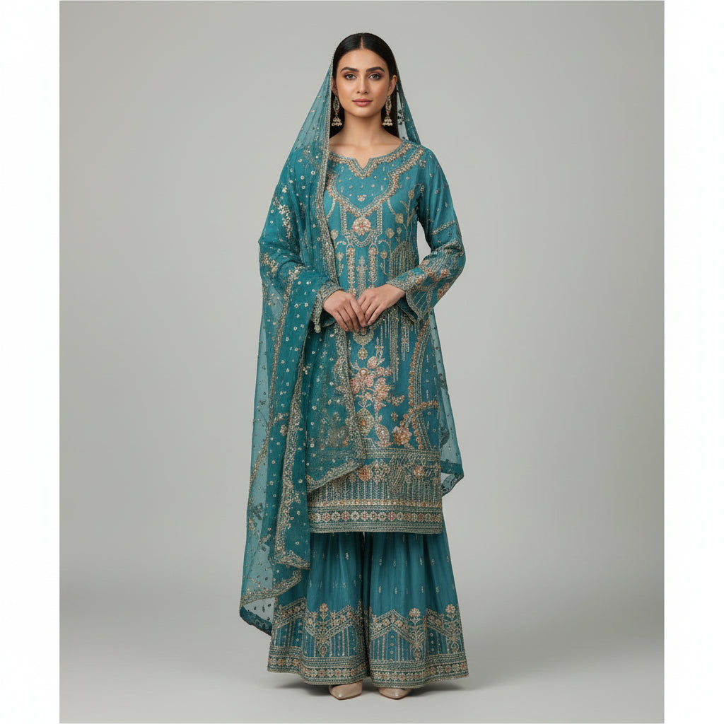 teal blue embroidered kameez with embroidery on front with embroidered dupatta and embroidered sharara bottoms, can you make a model wear this outfit, so its looks like a professional photography picture, with nice background, can you generate above picture in square 1:1, can keep the image size optimal for website online store