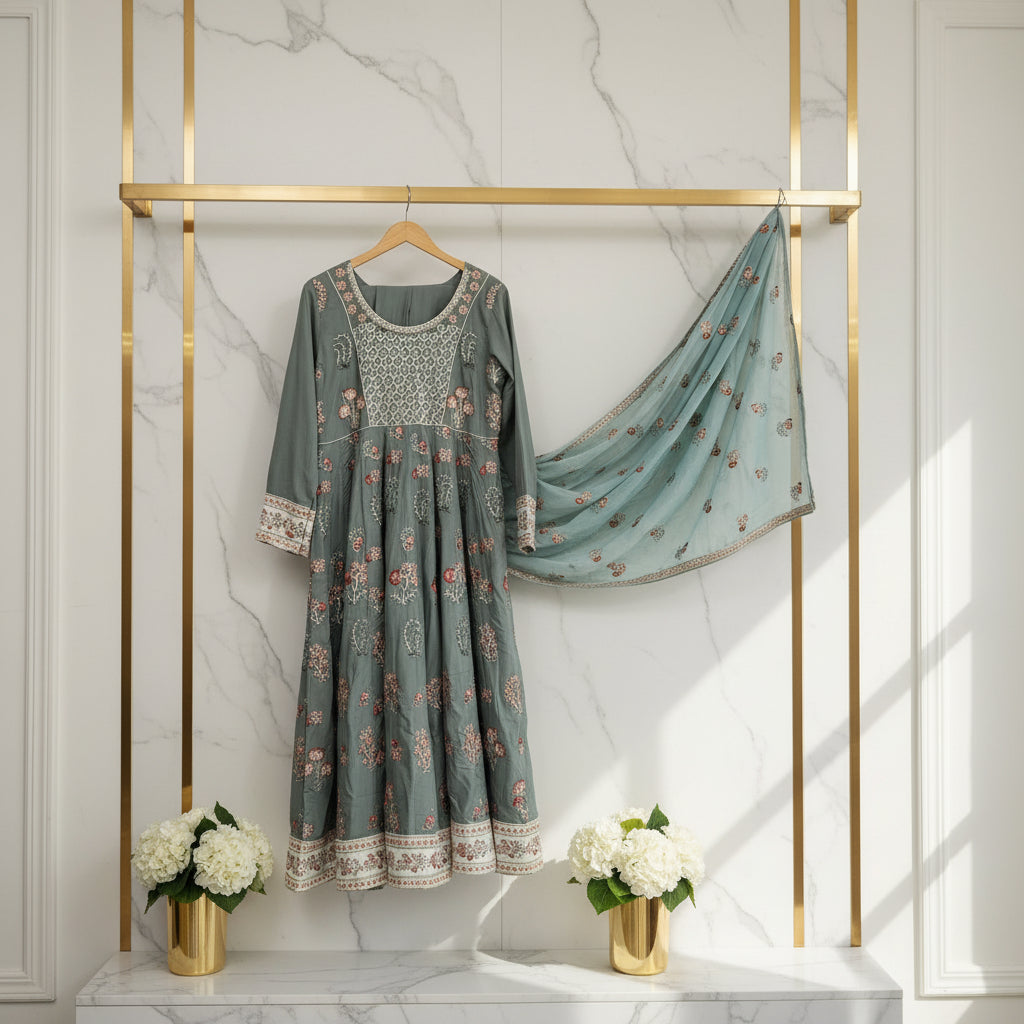 Sage Elegance | Dark Mint Embroidered Linen Dress with Chiffon Dupatta