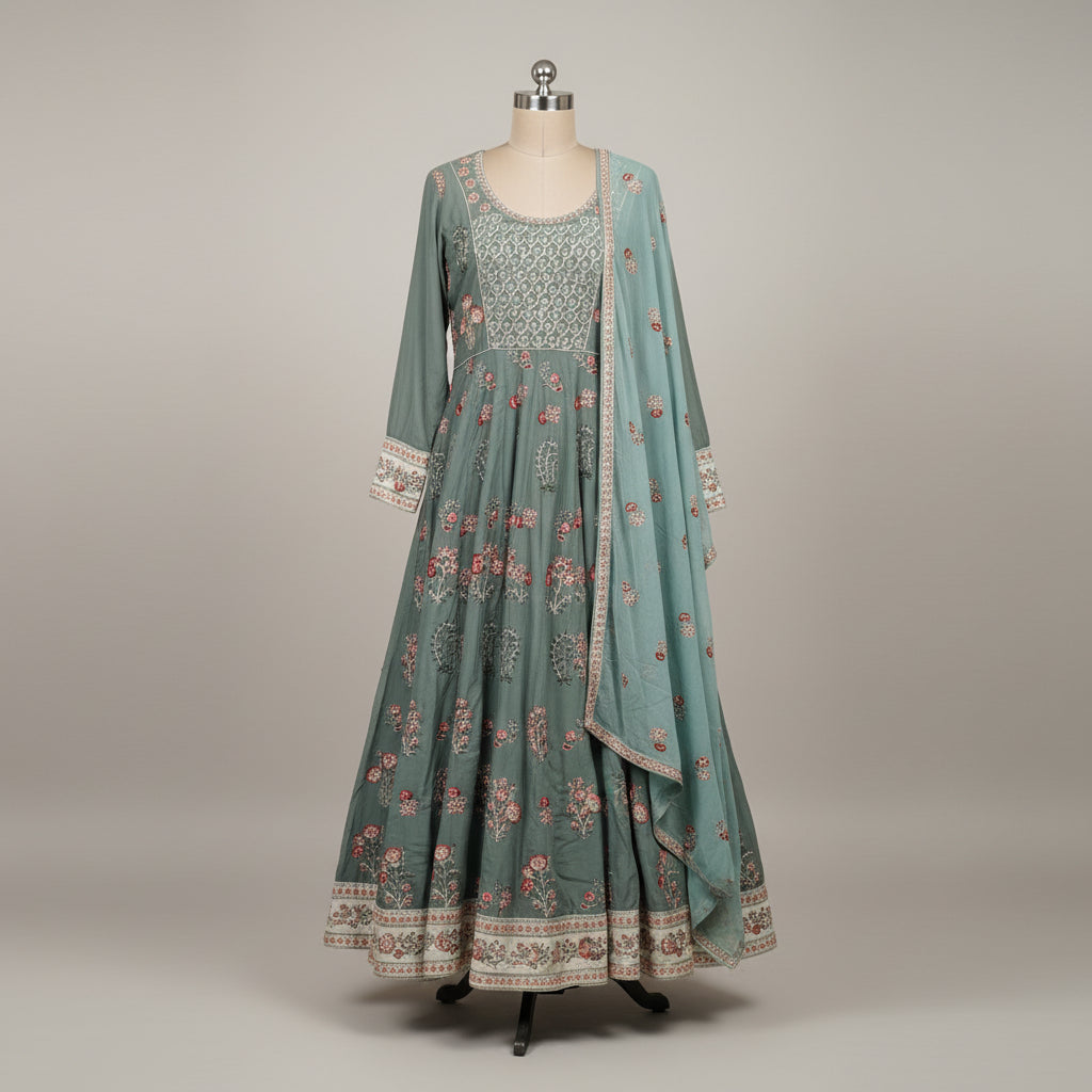 Sage Elegance | Dark Mint Embroidered Linen Dress with Chiffon Dupatta