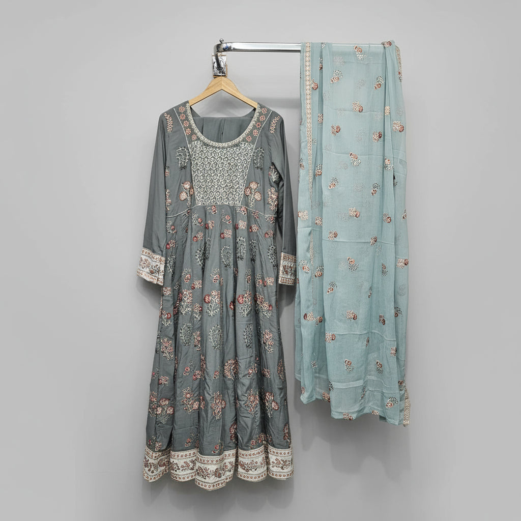 Sage Elegance | Dark Mint Embroidered Linen Dress with Chiffon Dupatta