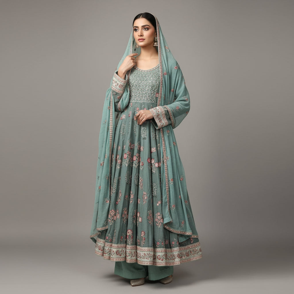 Sage Elegance | Dark Mint Embroidered Linen Dress with Chiffon Dupatta